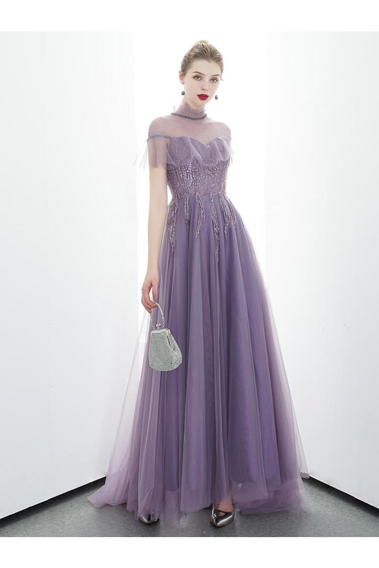 A-Line Tulle Long High Neck Prom Dresses With Ruffles Formal Evening Dress,JL20124