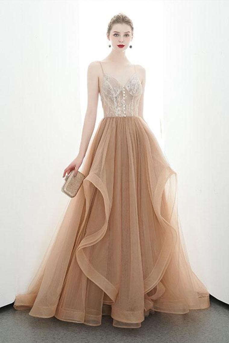 A-Line Spaghetti Straps Tulle Long Appliques Prom Dresses Formal Evening Dress,JL20125