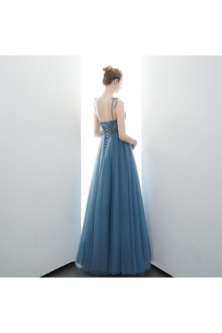 A-Line Spaghetti Straps Lace Up Back Beading Tulle Long Prom Dresses,JL20126