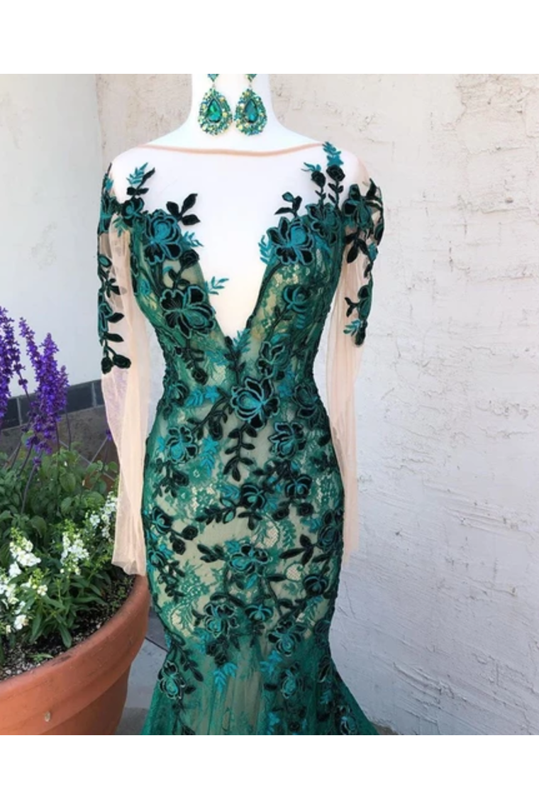 Dark Green See-Through Prom Dresses with Sleeves
