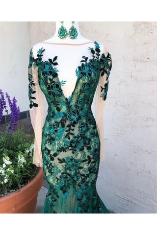 Dark Green See Through Prom Dresses With Sleeves Illusion Neck Party Dresses,JL20129