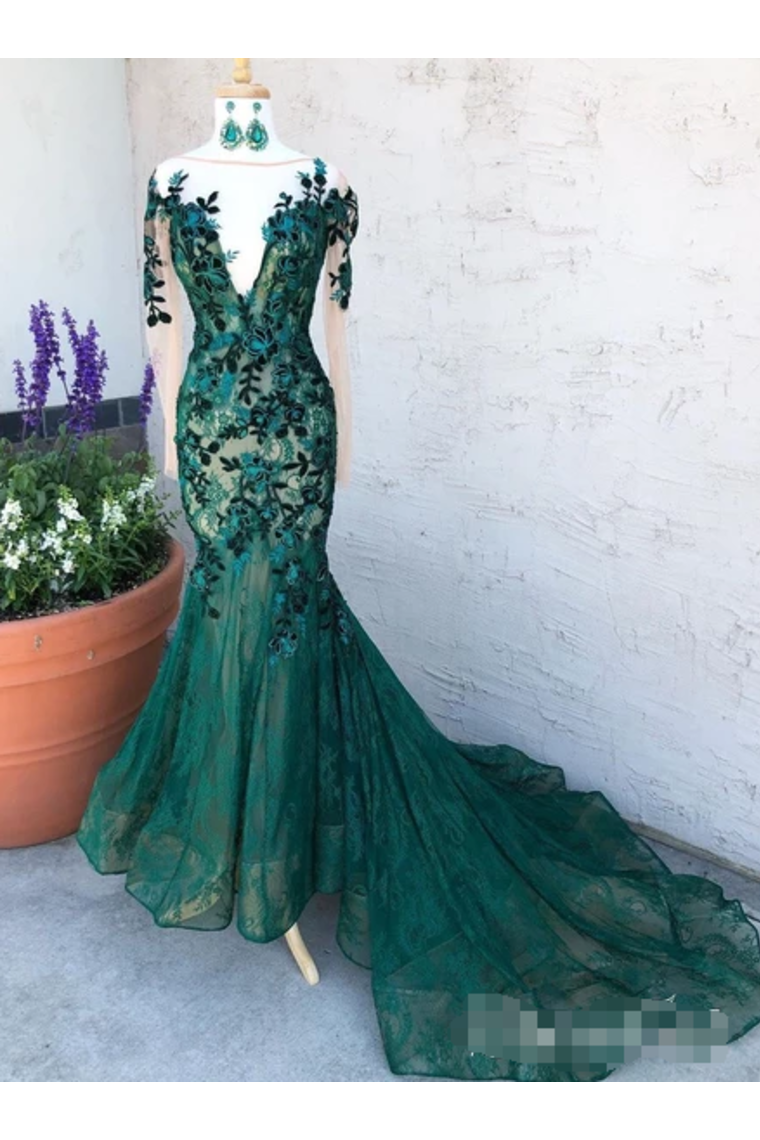 Dark Green See-Through Prom Dresses with Sleeves - JLDressCA Dark Green See-Through Prom Dresses with Sleeves - JLDressCA