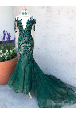 Dark Green See Through Prom Dresses With Sleeves Illusion Neck Party Dresses,JL20129