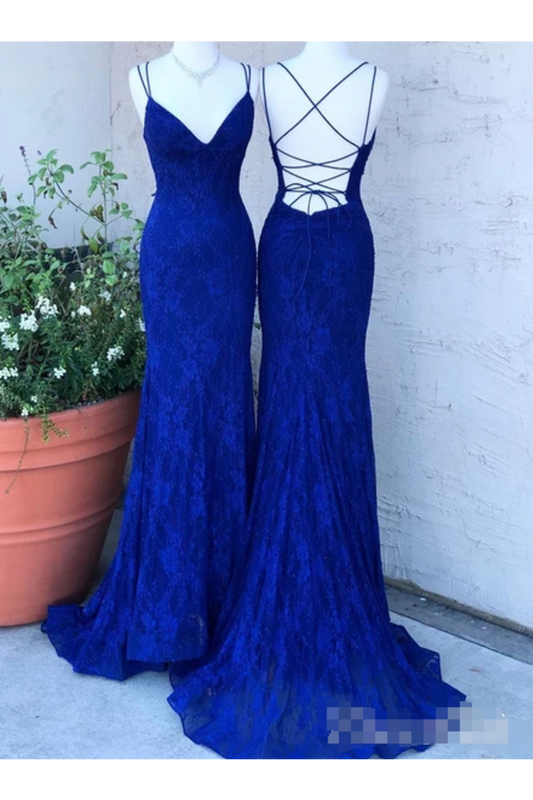 Spaghetti Crossed Straps Royal Blue Mermaid Prom Dresses V Neck Lace Formal Dresses,JL20130