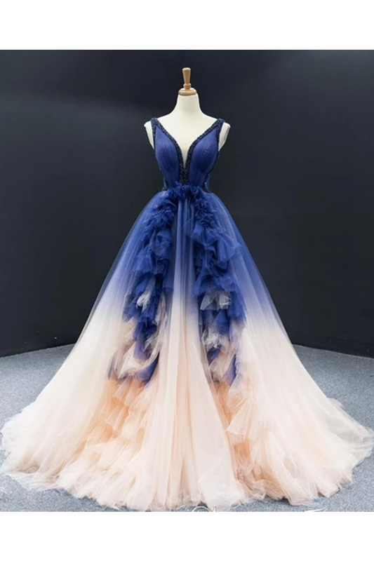 Ombre Contrast Colored A Line Prom Dress Pleated V Neck Long Formal Dress,JL20131