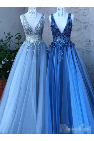 Sequis 3D Flower Prom Dresses A Line Deep V Neck Formal Dresses,JL20132