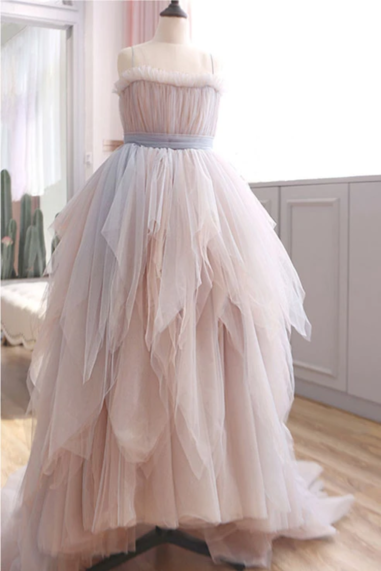 Vintage A Line Spaghetti Straps Blush Prom Dresses, Puffy Ruffles Party Dresses,JL20134