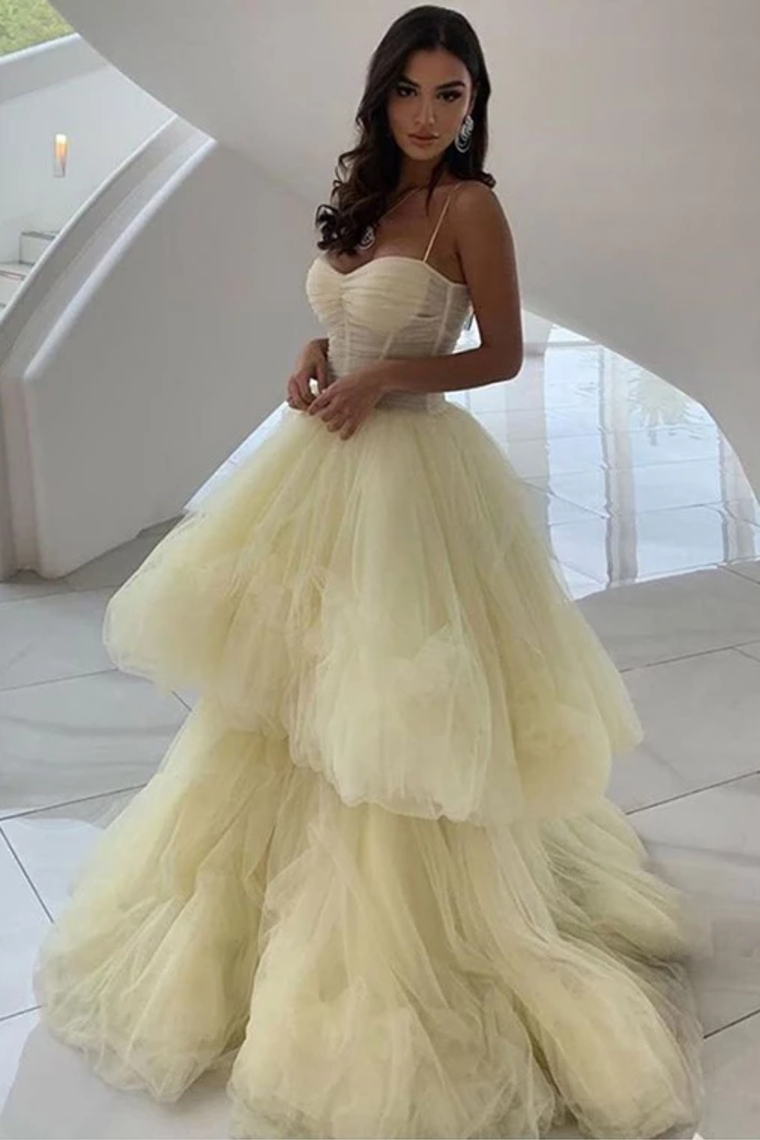 Princess A Line Spaghetti Straps Layers Tulle Prom Dresses, Unique Formal DressJL20137