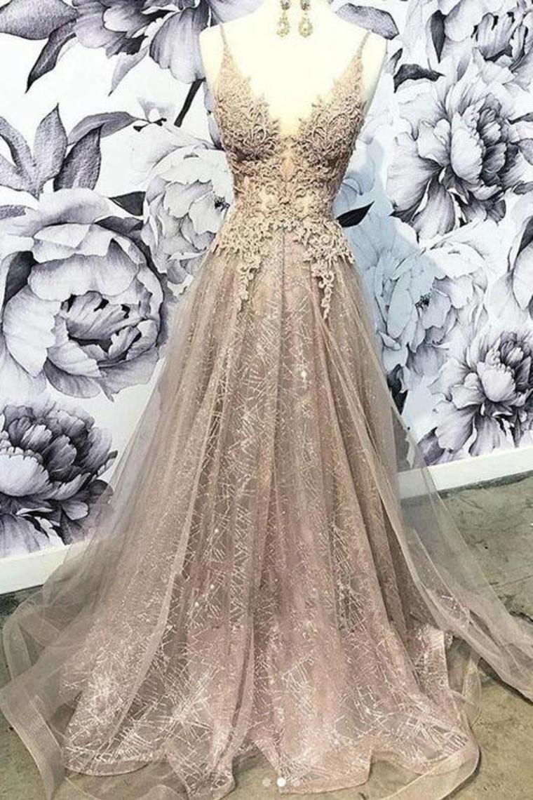 Spaghetti Straps V Neck Long Prom Dress With Appliques, Glitter Long Formal Dress,JL20145