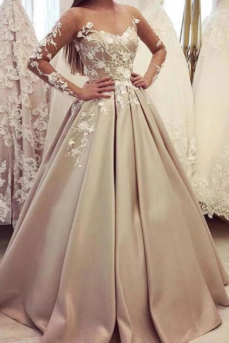 Puffy Sheer Neck Long Sleeves Satin Prom Dress With Appliques,JL20146