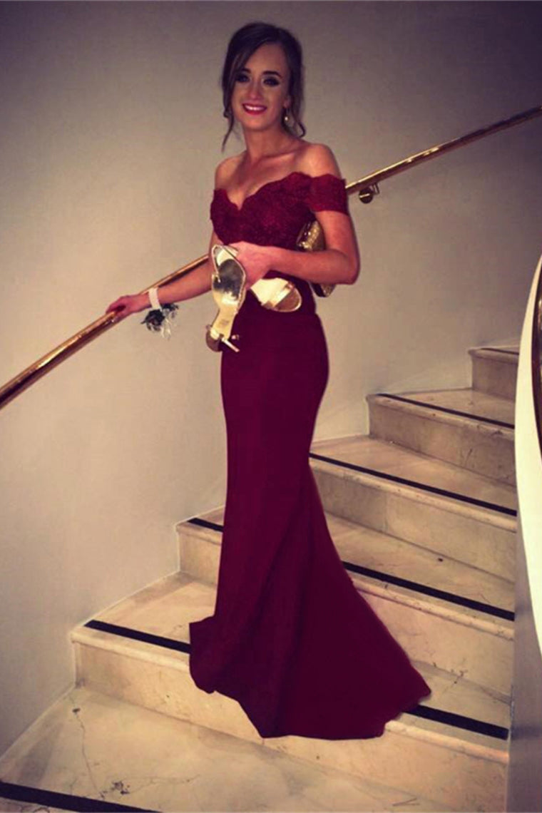 2020 Off The Shoulder Prom Dresses Spandex Burgundy/Maroon Sweep Train With Applique,JL20152