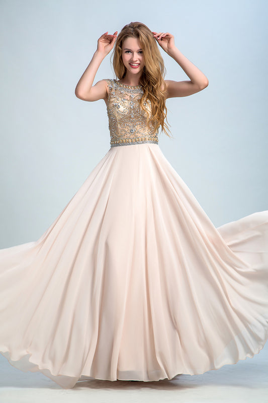 2020 Prom Dress Scoop A Line Floor Length Beaded Tulle Bodice With Chiffon Skirt,JL20154