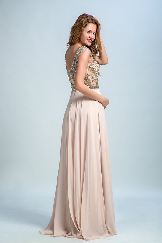 Prom Dress Scoop A Line Floor Length Beaded Tulle Bodice With Chiffon Skirt,JL20154