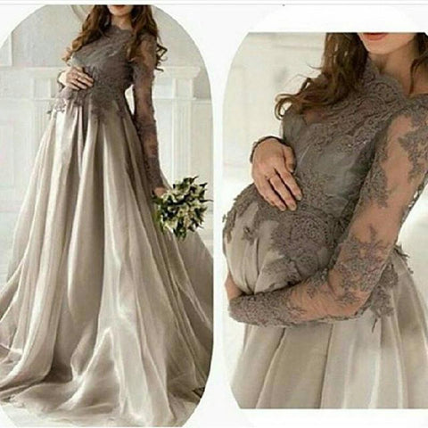 maternity grey lace top long sleeves A-line long prom dress, PD6525