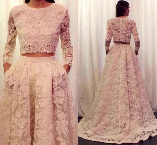 round neck two-pieces pink lace long sleeves A-line long prom dress, PD6526