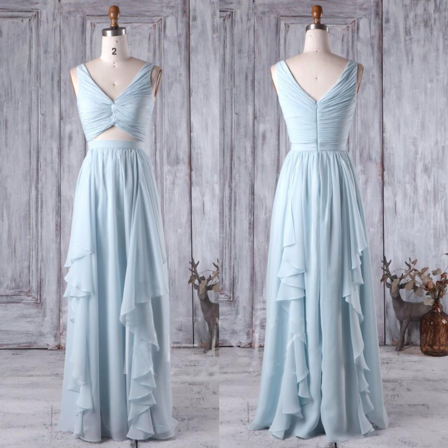 v-neck chiffon light blue long bridesmaid dress, BD46578