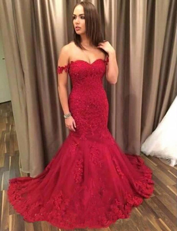 red off shoulder mermaid lace charming long prom dress, PD4152