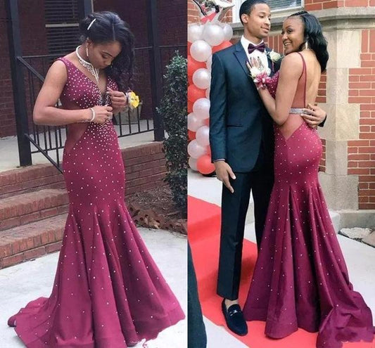 burgundy beaded backless formal mermaid long prom dresses, PD0115