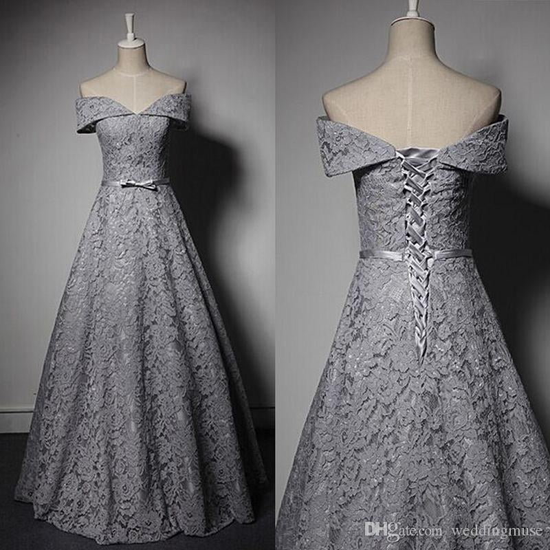 off shoulder gray lace A-line long prom dress, PD8877