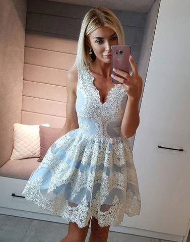 light blue v-neck cute lace appliques short homecoming dress, HD853