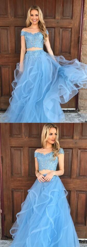 off shoulder beaded top blue two pieces long prom dress, PD5689