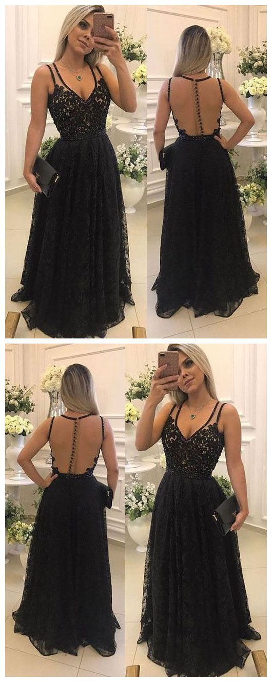 see through back v-neck formal black lace long prom dress, PD5478