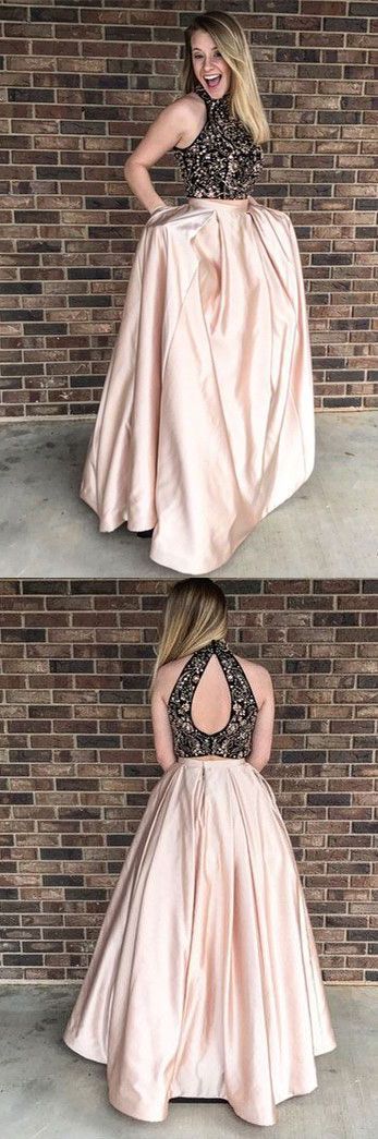 two pieces beaded top long prom dress with pockets, BD750
