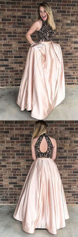 two pieces beaded top long prom dress with pockets, BD750