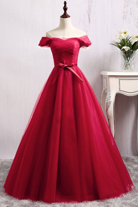 off shoulder A-line tulle lace up back long prom dress, PD5212