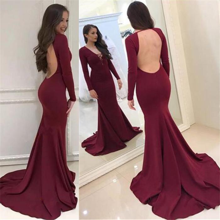 formal backless long sleeves mermaid burgundy long prom dress, PD1418