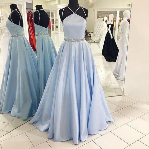 light blue prom dress, long prom dress, A-line prom dress, evening dress, simple prom dress, BD374