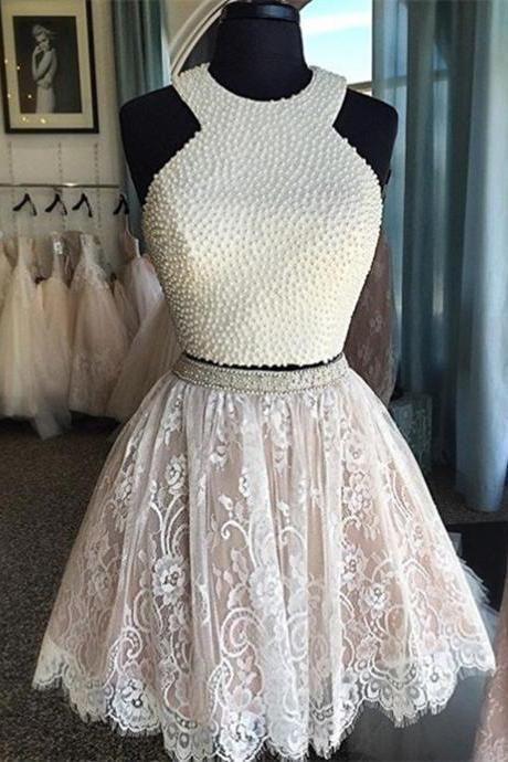two pieces beaded short lace homecoming dress, BD39764