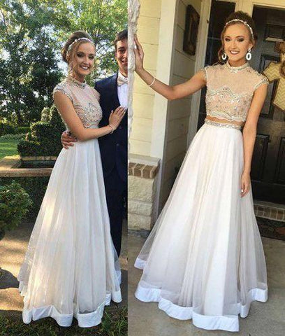 charming two pieces white tulle long prom dress, PD5214