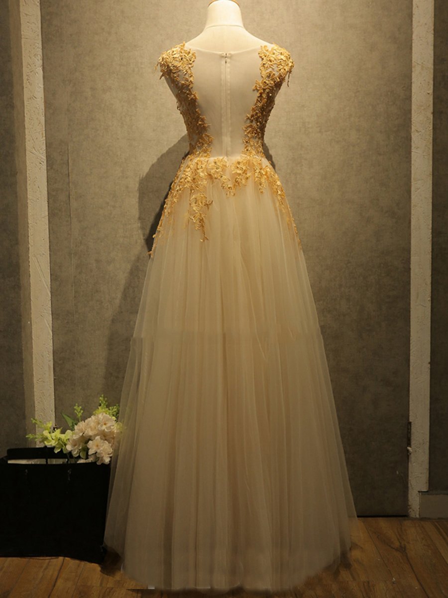 tulle gold lace appliques top long prom dress, PD1699