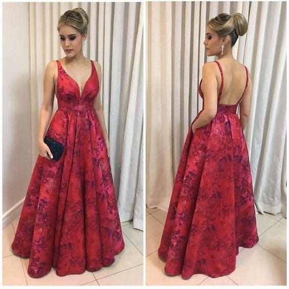 two straps v-neck A-line red flower satin long prom dress, PD4579