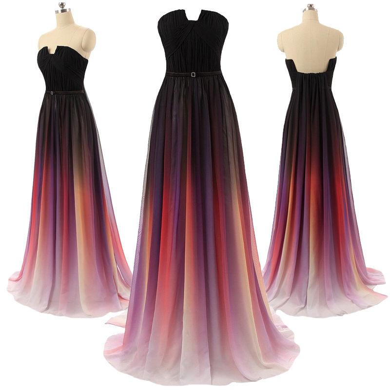 gradient prom dress, long prom dress, chiffon prom dress, strapless prom dress, charming evening dress, BD0019