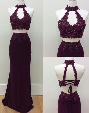 long prom dress, burgundy prom dress, two pieces prom dress, lace prom dress, prom dress, BD12640