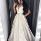charming white satin v-neck A-line long prom dress, PD4711