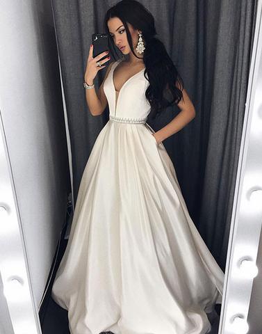 charming white satin v-neck A-line long prom dress, PD4711