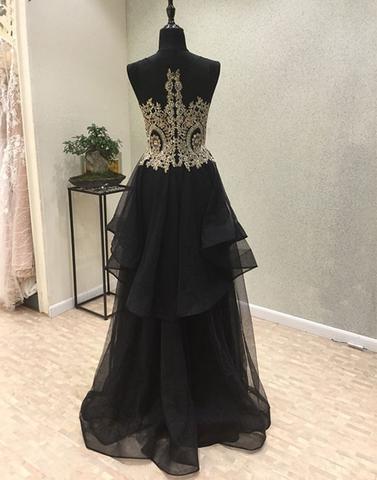 unique hi-lo black tulle A-line long prom dress, PD4712