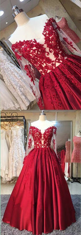 A-line off shoulder red lace long sleeves prom dresses, BD7586