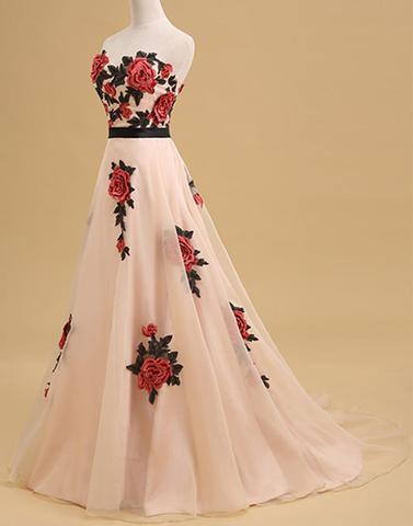 strapless A-line flower appliques long prom dress, PD1364