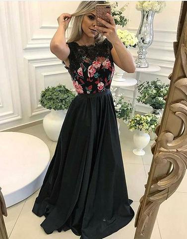 charming formal black lace flower appliques long prom dress, PD3668