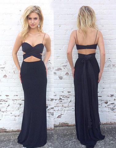 spaghetti straps black two pieces sexy long prom dress, PD5575