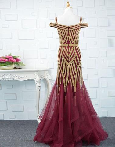 formal spaghetti straps off shoulder mermaid red sparkle beaded long prom dress, PD6564