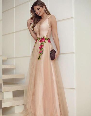 elegant spaghetti straps A-line v-neck lace appliques long prom dress, PD11147
