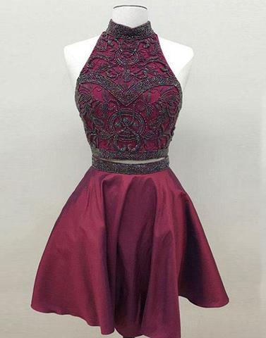 two pieces burgundy beaded short homecoming dress, HD454
