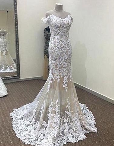 charming off shoulder white lace mermaid  long prom dress, BD5226
