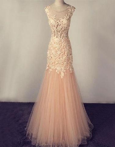 blush pink tulle mermaid scoop long lace appliques prom dresses, PD1145
