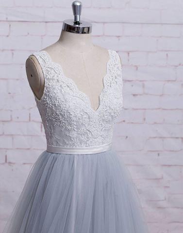 gray tulle A-line v-neck long lace prom dress, PD6845